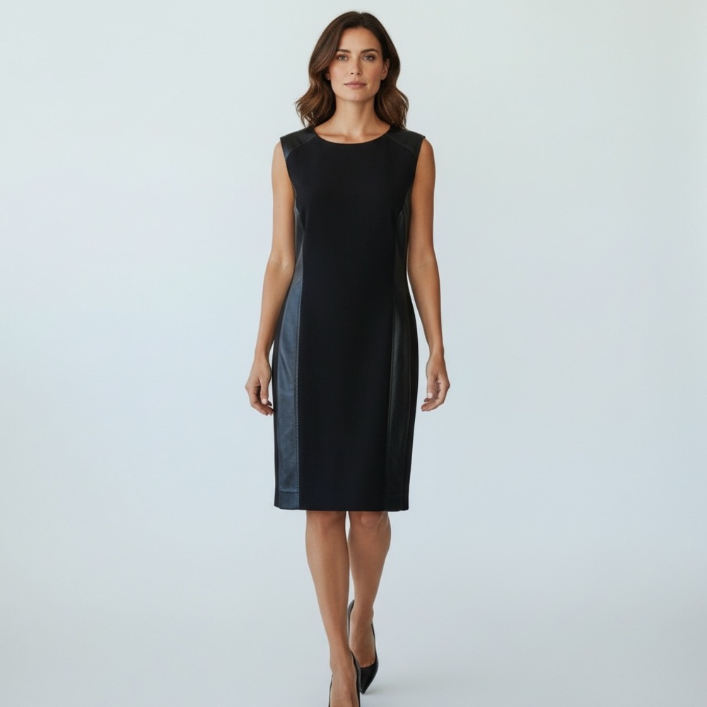 Tahari Black Sleeveless Midi Dress with Faux Leather Side Panels Size 12